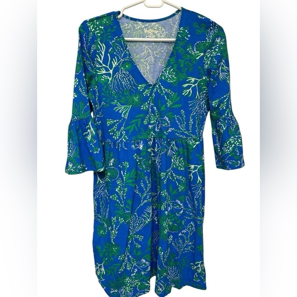 Lilly Pulitzer Jannie Vneck NWOT  Blue Printed Dress Bell Sleeves.